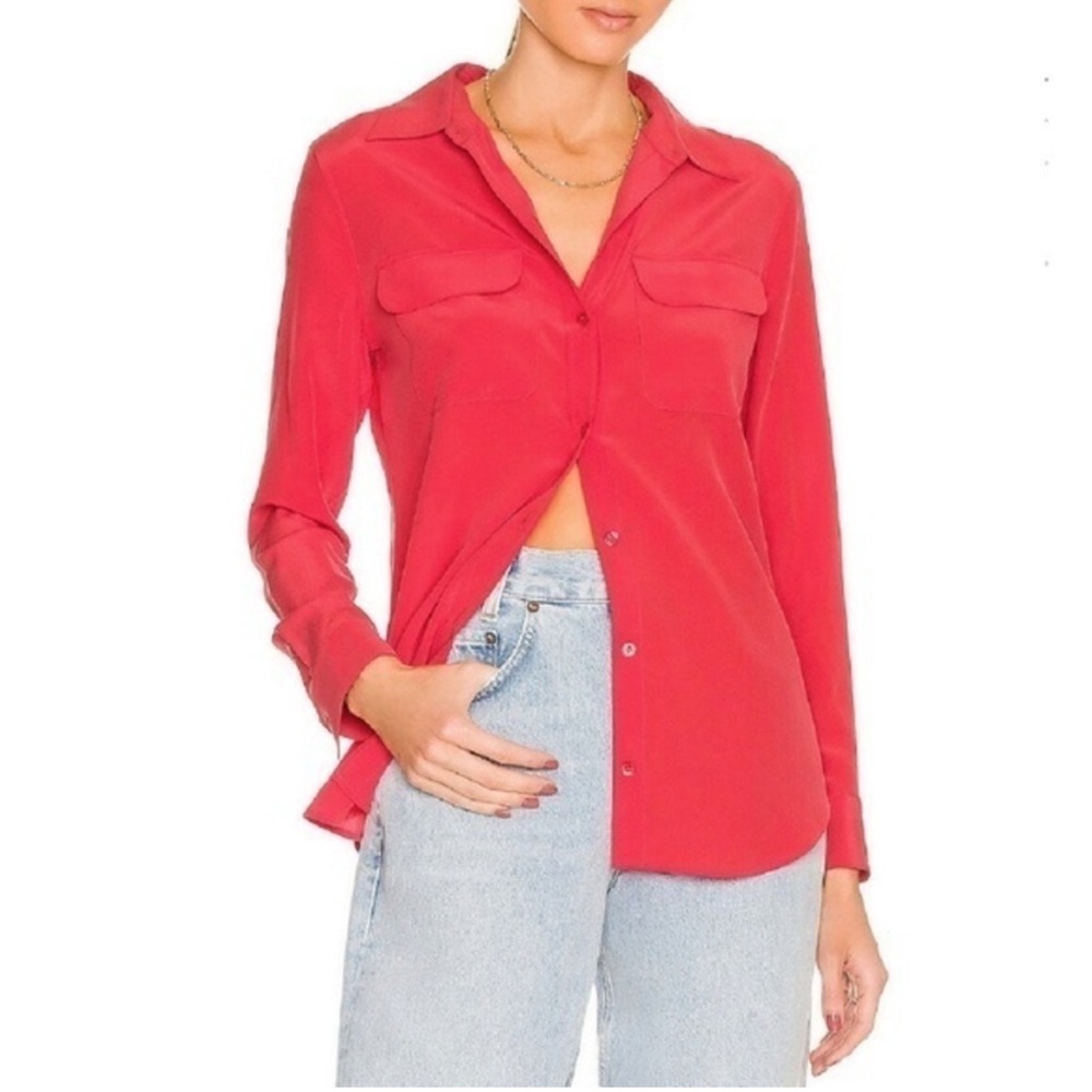 EUC Equipment 100% Silk Slim Signature Shirt Hibiscus Red Small